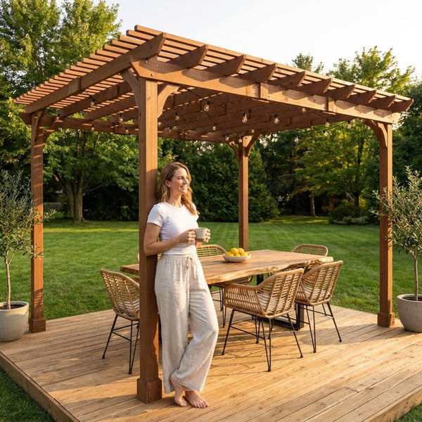 Cedar Wood Pergola Kit Built for Outdoor Durability, 12x16 Foot Coverage, Metal Ground Stakes, Snow Wind Rated