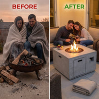 34 Inch Square Concrete Propane Fire Pit Table with Lava Rocks and Cover 50,000 BTU — Before & After