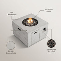 34 Inch Square Concrete Propane Fire Pit Table with Lava Rocks and Cover 50,000 BTU — infographic