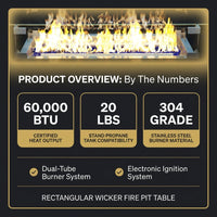 43 In. Propane Gas Fire Pit Table, 60000 BTU Rectangular Open Weave Wicker Fire Pit with Glass Wind Guard in Yellow — Results & Stats