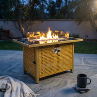 43 In. Propane Gas Fire Pit Table, 60000 BTU Rectangular Open Weave Wicker Fire Pit with Glass Wind Guard in Yellow — Studio Shot