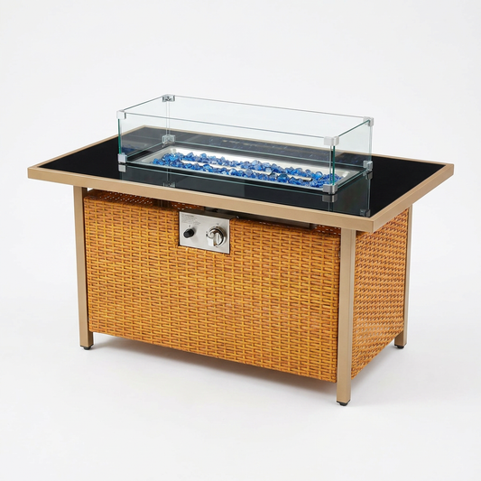 43 In. Propane Gas Fire Pit Table, 60000 BTU Rectangular Open Weave Wicker Fire Pit with Glass Wind Guard in Yellow — Studio Shot