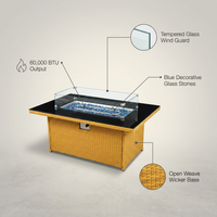 43 In. Propane Gas Fire Pit Table, 60000 BTU Rectangular Open Weave Wicker Fire Pit with Glass Wind Guard in Yellow — infographic