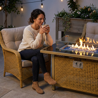 43 In. Propane Gas Fire Pit Table, 60000 BTU Rectangular Open Weave Wicker Fire Pit with Glass Wind Guard in Yellow — Lifestyle
