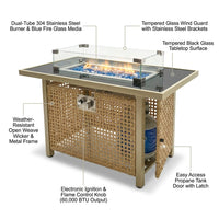 43 In. Propane Gas Fire Pit Table, 60000 BTU Rectangular Open Weave Wicker Fire Pit with Glass Wind Guard in Yellow — How It Works