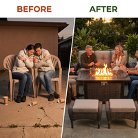 7 Piece Outdoor Patio Furniture Set, Patio Furniture Set with Fire Pit Table Rattan Wicker Patio Furniture Set, Brown Wicker & Beige Cushion — Before & After