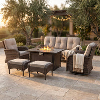 7 Piece Outdoor Patio Furniture Set, Patio Furniture Set with Fire Pit Table Rattan Wicker Patio Furniture Set, Brown Wicker & Beige Cushion — Studio Shot