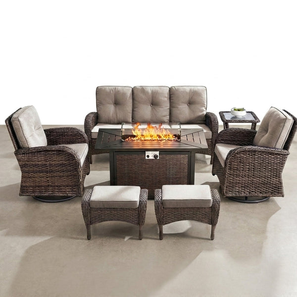 7 Piece Outdoor Patio Furniture Set, Patio Furniture Set with Fire Pit Table Rattan Wicker Patio Furniture Set, Brown Wicker & Beige Cushion — Studio Shot