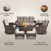 7 Piece Outdoor Patio Furniture Set, Patio Furniture Set with Fire Pit Table Rattan Wicker Patio Furniture Set, Brown Wicker & Beige Cushion — infographic