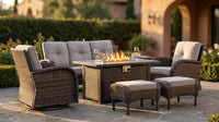 7 Piece Outdoor Patio Furniture Set, Patio Furniture Set with Fire Pit Table Rattan Wicker Patio Furniture Set, Brown Wicker & Beige Cushion — Lifestyle
