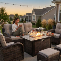 7 Piece Outdoor Patio Furniture Set, Patio Furniture Set with Fire Pit Table Rattan Wicker Patio Furniture Set, Brown Wicker & Beige Cushion — Lifestyle