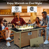 43 In. Propane Gas Fire Pit Table, 60000 BTU Rectangular Open Weave Wicker Fire Pit with Glass Wind Guard in Yellow