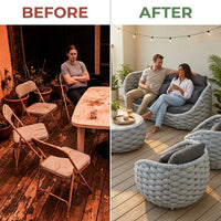 Outdoor Conversation Set Built for Modern Patios, 6-Piece Aluminum Frame, Olefin Rope Weave, Water Repellent Cushions — Before & After