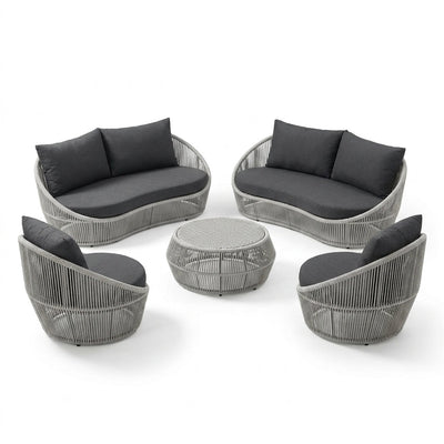 Outdoor Conversation Set Built for Modern Patios, 6-Piece Aluminum Frame, Olefin Rope Weave, Water Repellent Cushions