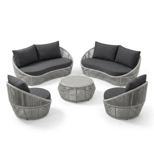 Outdoor Conversation Set Built for Modern Patios, 6-Piece Aluminum Frame, Olefin Rope Weave, Water Repellent Cushions — Studio Shot