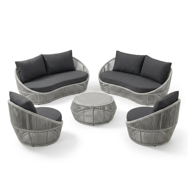Outdoor Conversation Set Built for Modern Patios, 6-Piece Aluminum Frame, Olefin Rope Weave, Water Repellent Cushions — Studio Shot