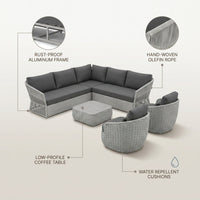 Outdoor Conversation Set Built for Modern Patios, 6-Piece Aluminum Frame, Olefin Rope Weave, Water Repellent Cushions — infographic