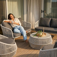 Outdoor Conversation Set Built for Modern Patios, 6-Piece Aluminum Frame, Olefin Rope Weave, Water Repellent Cushions — Lifestyle