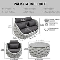6-Piece Aluminum Patio Furniture Set, Olefin Rope Modern Outdoor Conversation Set Sectional Sofa with Water Repellent Thick Cushions and Coffee Table for Balcony, Garden, Light Grey